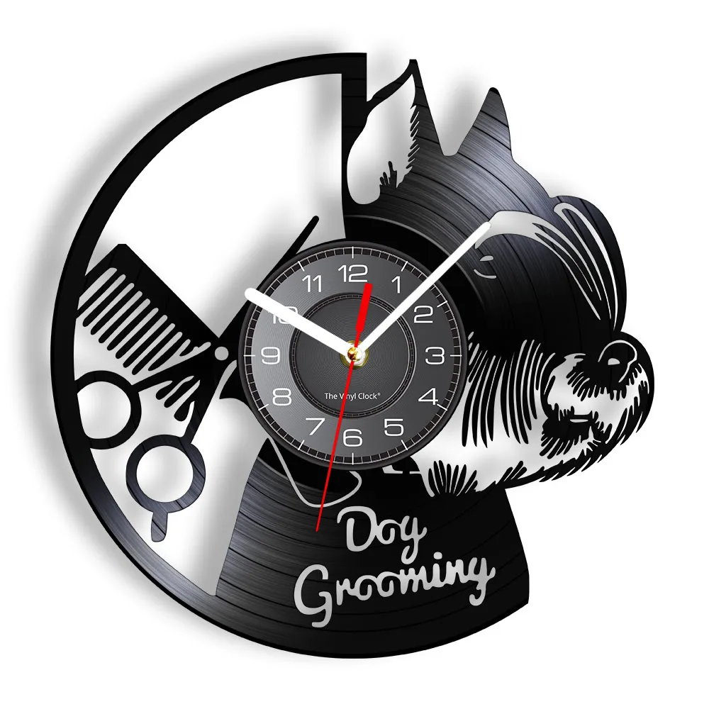 Dog Grooming Salon Vinyl Record Wall Clock Home Art Decor Scottish Terrier Puppy Dog Craft Wall Watch For Pet Shop Groomer Gift