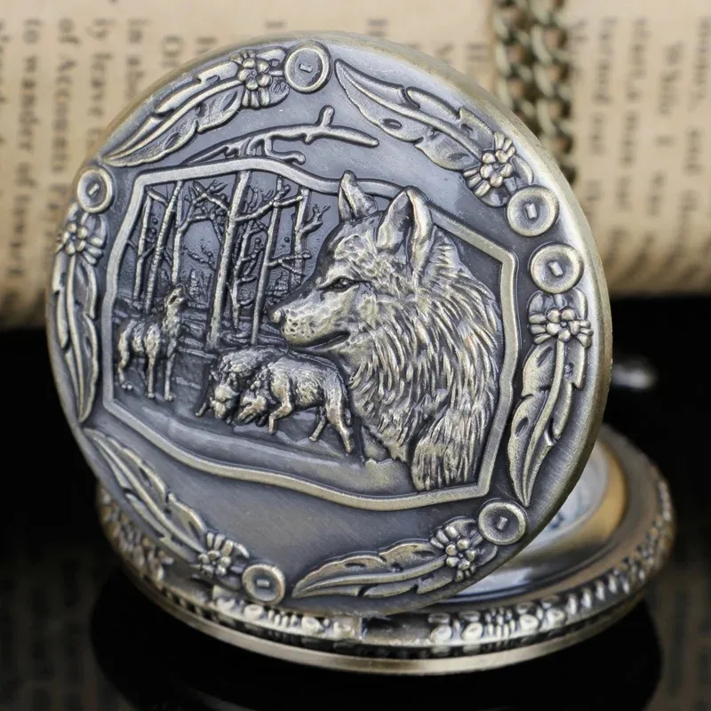 청동 석영 주머니 시계 숲 늑대 양각 아랍어 디지털 목걸이 펜던트 시계 Fob 체인 여자 남자를위한 선물