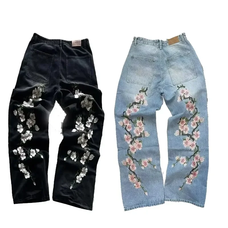 

Y2K Fashion High Quality Jeans Harajuku Retro Sakura Embroidery Patch High Waist Wide Leg Trouser Men Women Hip Hop Streetwear