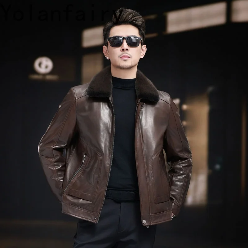 YOLANFAIRY High-end 100% Goatskin Genuine Leather Jacket Men Luxury Warm Winter Whole Mink Fur Liner Parkas Natural Fur Coat Man