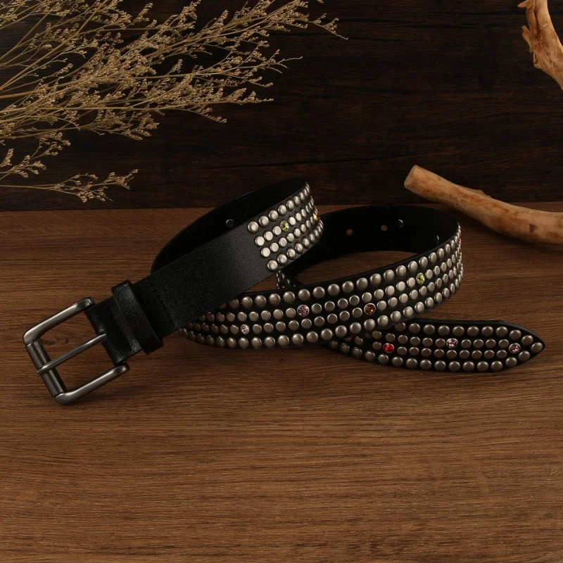 PKKSNew fashion casual studded belt Small Mushroom Stud Earrings with Rhinestones Top Layer Cowhide Men's and Women's Luxury Lea