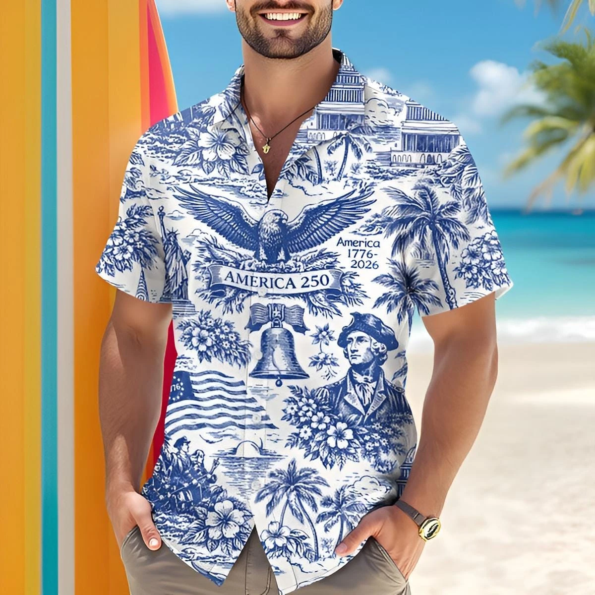 

Гавайская рубашка к 250-летию Америки, рубашка ко Дню независимости США (1776-2026), одежда к 4 июля, патриотический подарок