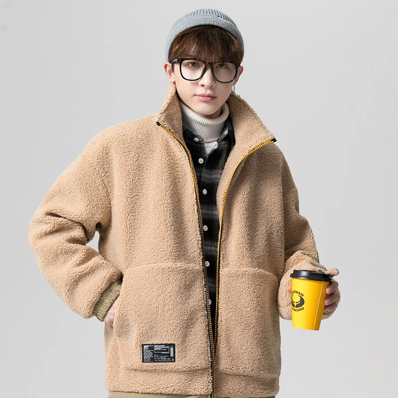 Giacche invernali da uomo in pile di lana di agnello colletto alla coreana cappotto caldo spesso sciolto streetwear giapponese casual capispalla con