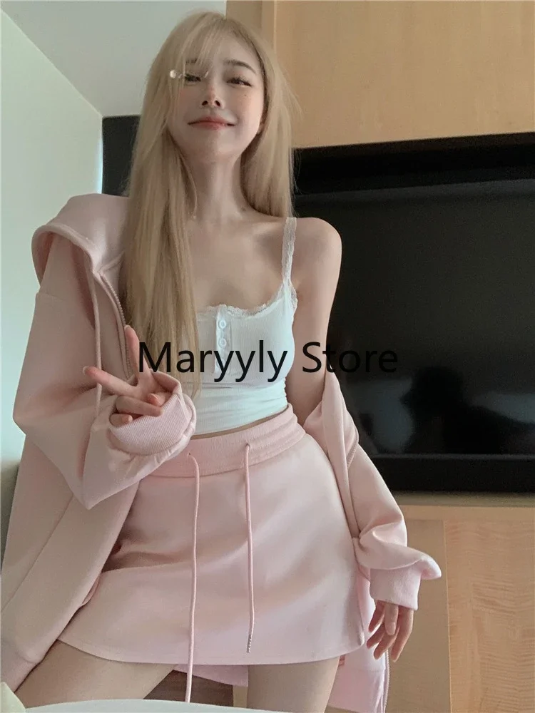 Elegant 2 Piece Skirt Set Women Casual long Sleeve Hooded Coat + Sweet Skirt Sporty Outwear Korean TrackSuit 2023 Autumn Chic