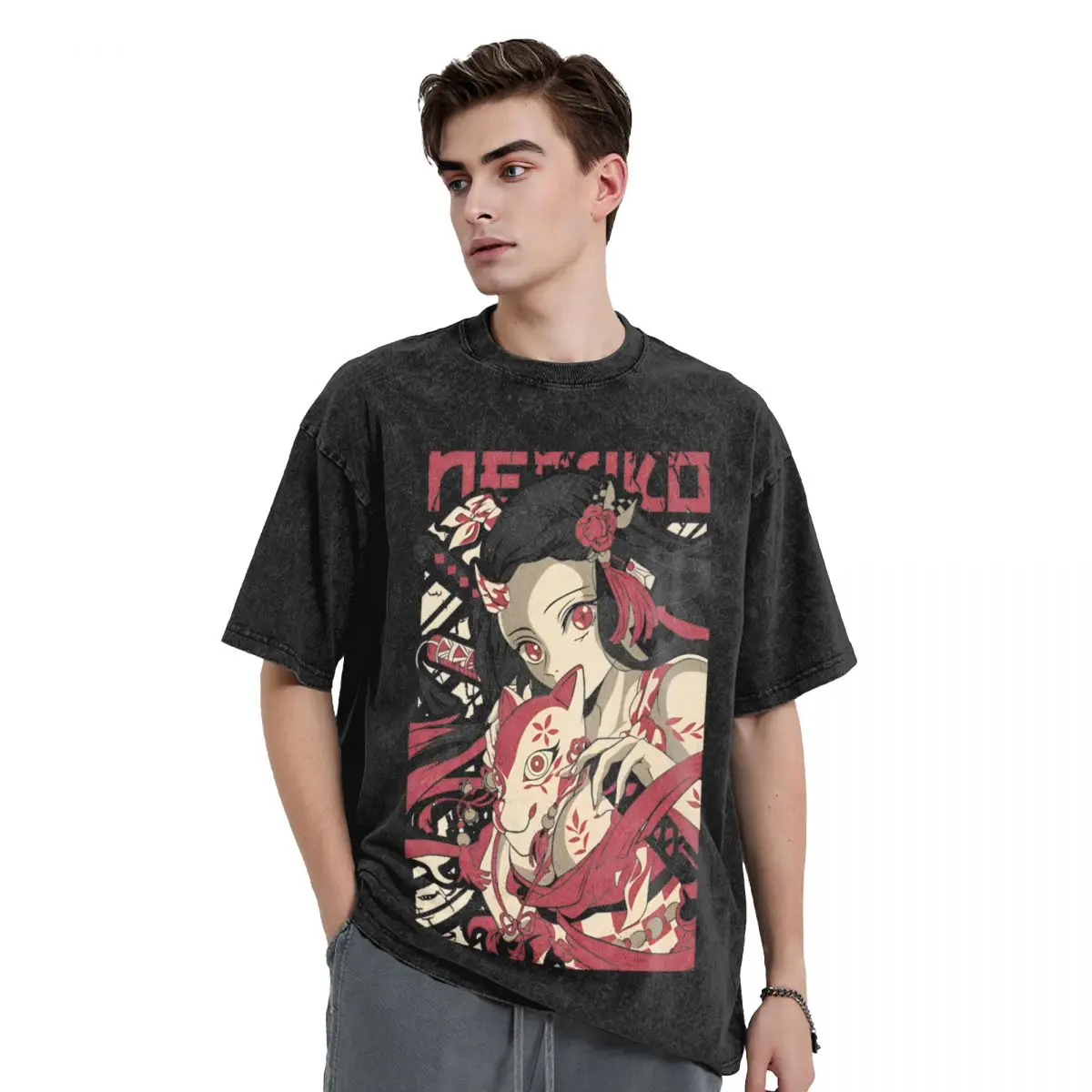 Imoto Chan Demon Slayers T Shirt Washed Short Sleeve Harajuku T-Shirts Nezuko Vintage Men Women Tops Streetwear Summer Tee Shirt