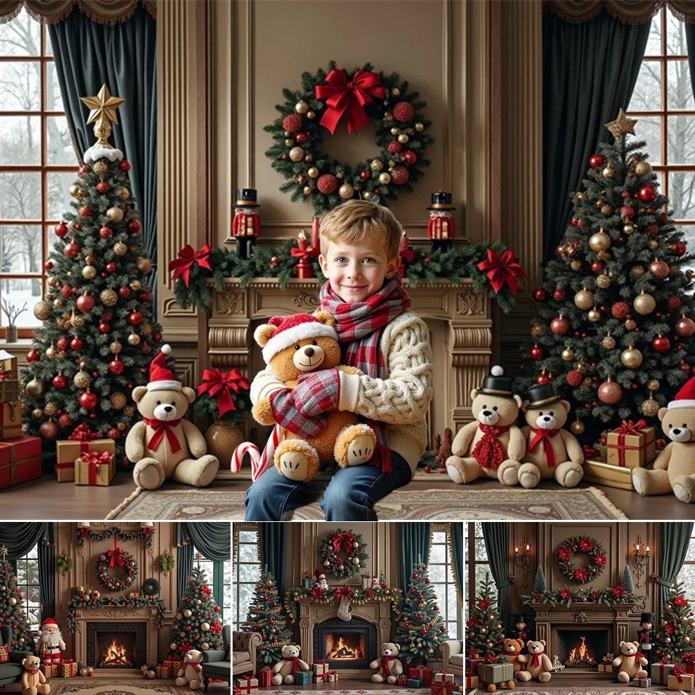 

MOON.QG Christmas Big Trees Photo Background Fireplace Window Teddy Bear Backdrops For Photography Poster Decorations Shooting