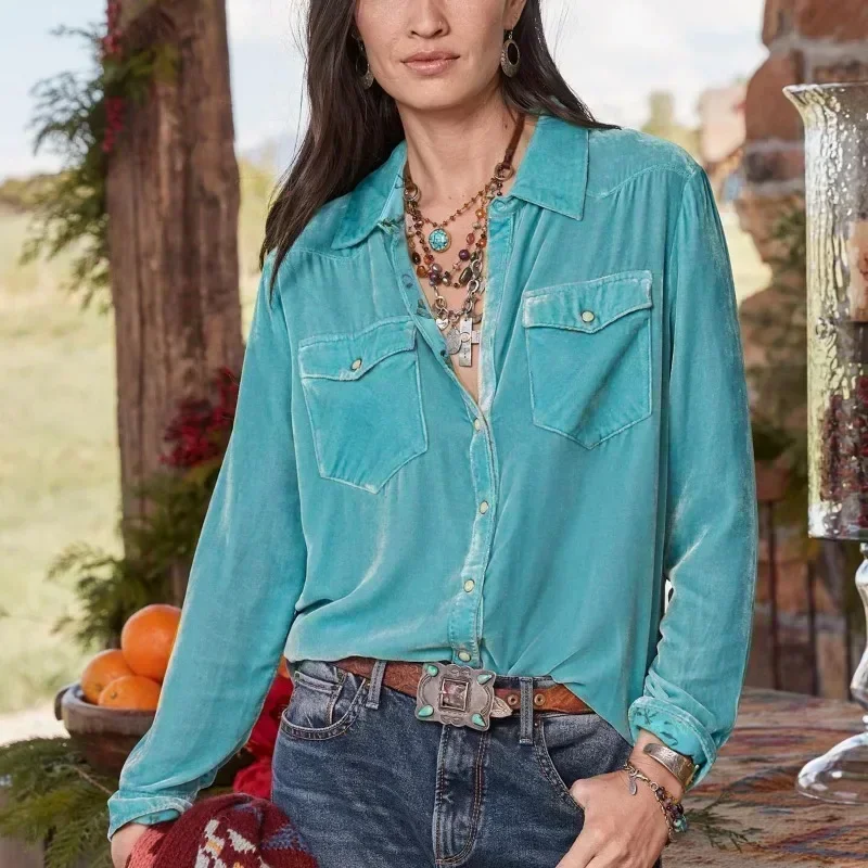 

Autumn Long Sleeve Blouse Fashion Buttons Tops Vintage Velvet Shirts Women Office Lady Casual Loose Clothes New Blusas 30089