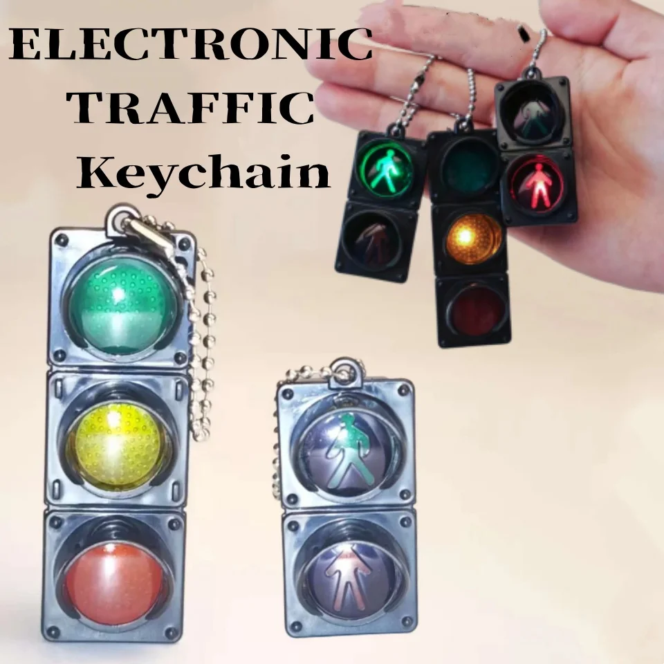 LED Traffic Light Keychain Toys Pedestrian Signal Model Mini Electronic Creative Keyholder Bag Pendant Car Accessory Adults Gift