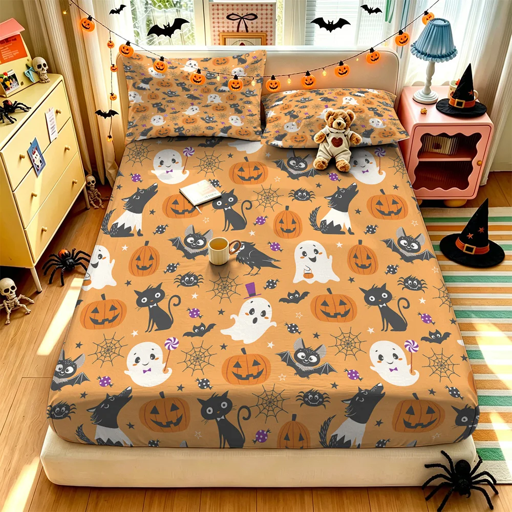 3PCS Halloween cartoon pumpkin ghost black cat duvet cover coreless set soft bedroom bedding decoration