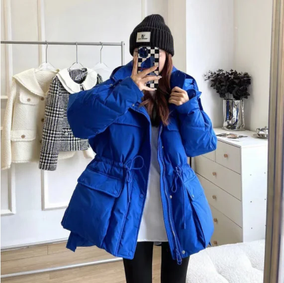 

2024 Winter Hooded Parkas Warm Jacket Women Down Cotton Coat Irregular Fluffy Bubble Drawcord Waist Outwear