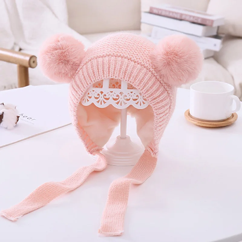 Double Pompom Baby Hat Warm Knitted Kids Girl Boy Autumn Winter Bonnet Hat Solid Color Ear Protection Children Beanie Cap Unisex