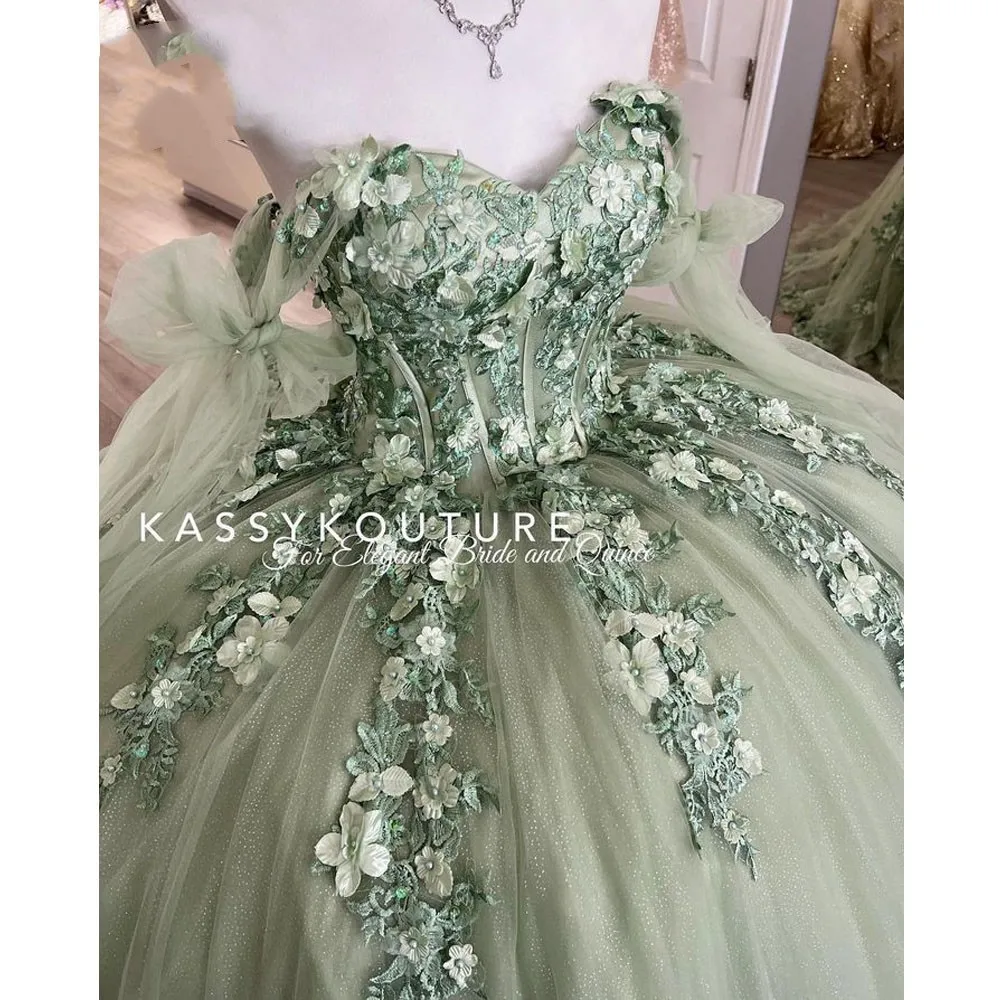 Verde inchado quinceanera vestidos de baile querida tule apliques flores pérolas mexicano doce 16 vestidos 15 anos