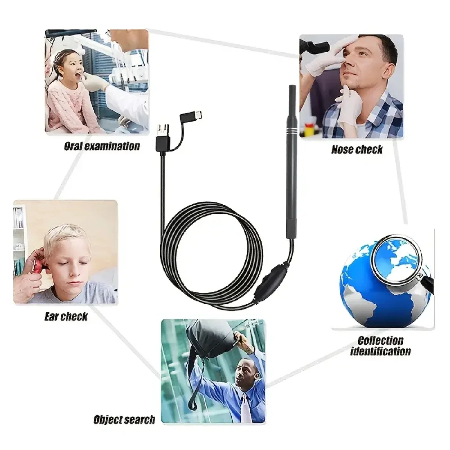 Endoscopio per la rimozione del cerume - Otoscopio, strumento, protezione per le orecchie, connessione USB cablata, compatibile con iPad, Android per bambini, adulti