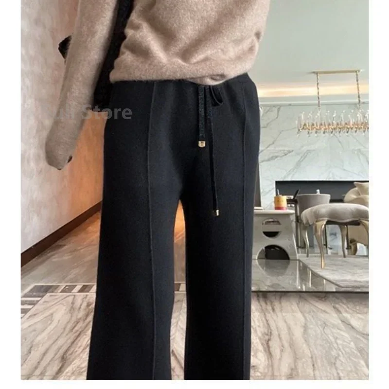 Women\'s Wool Wide-Leg Pants Fall/Winter High Waist Drooping Slimming Casual Loose Straight Knit Mop Trousers Outer Wear