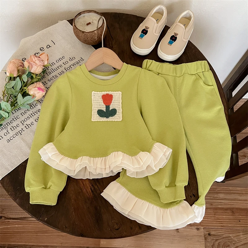 

Girls Spring Clothes Set Cute Flower Ruffer Pullover Tops+Flared Pants Girls 2Pcs Suit Autumn 2-8Years Casual Outfits