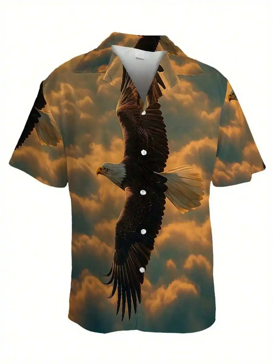 Soaring Eagle - Camisa informal de manga corta con botones y estampado 3D para hombre, camiseta de playa de verano