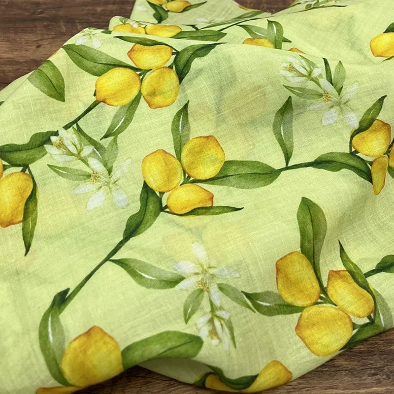 High quality pure ramie fabric Countryside style lemon floral print tissu Clothing Dress cheongsam material