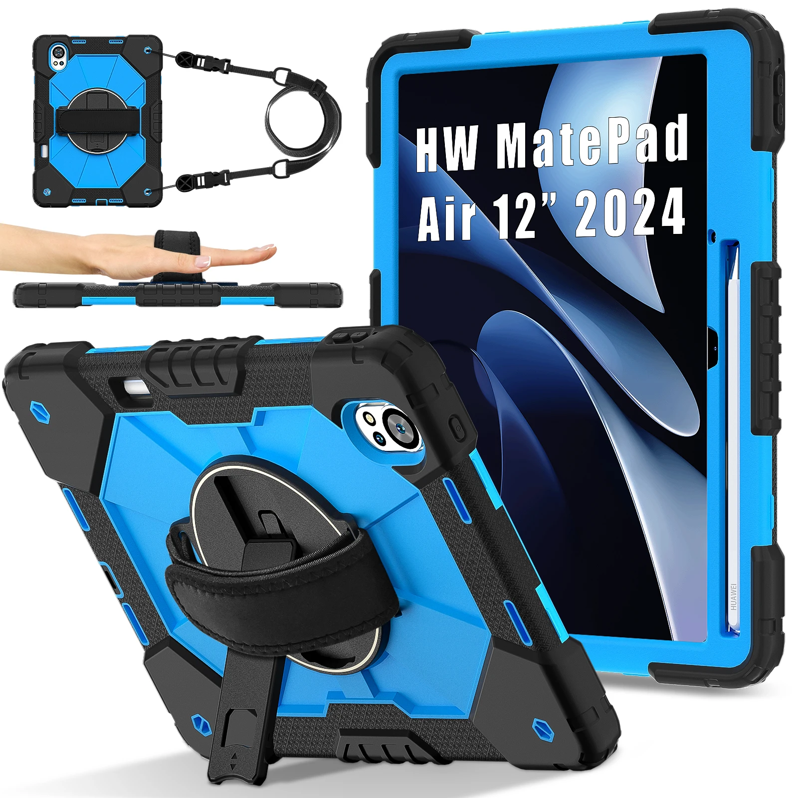 

Rotatable Heavy Duty Case For Huawei MatePad Air 2024 12" BKY-W20 Multi-angles Stand Cover Anti-Slip Shockproof Shoulder Strap