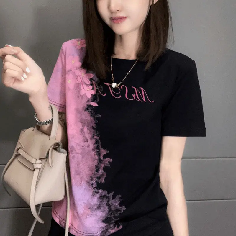 

Fashion O-Neck Printed Letter Tie Dye Asymmetrical Blouses Female Clothing 2024 Summer New Loose All-match Tops Casual Shirts