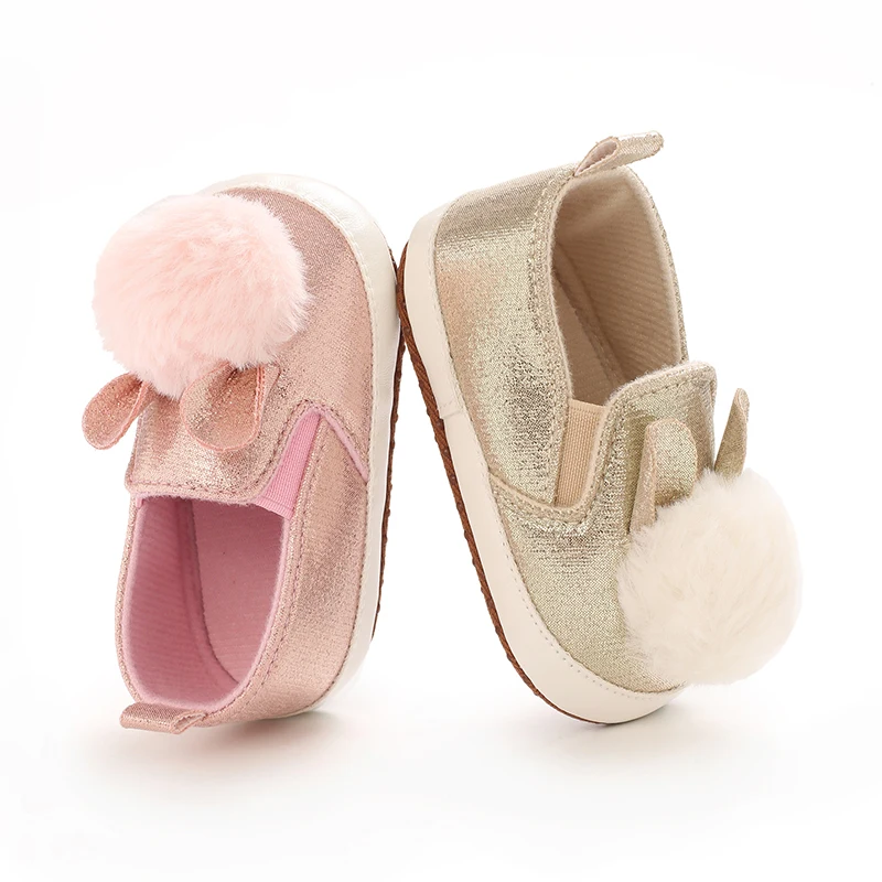Infant Pre-Walker Shoes 0-1Year Baby Shoes Girls Bunny Pom Pom Slip-On Shoes Shiny Soft Casual Footwear