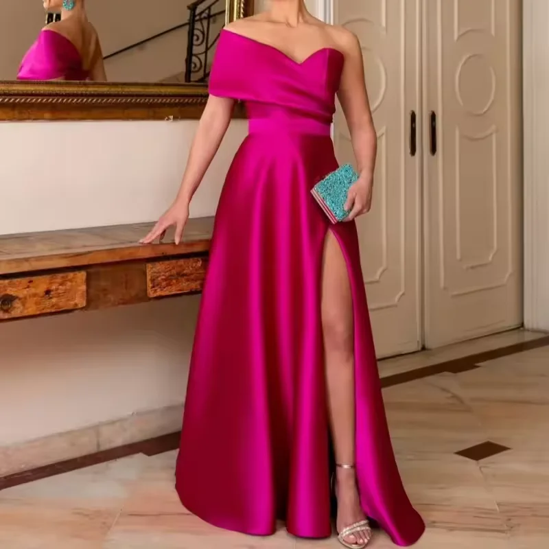 

Customized Simple Satin Prom Dress One Shoulder A-Line Side Slit Wedding Guest Dress Formal Occasion Evening Dresses Women