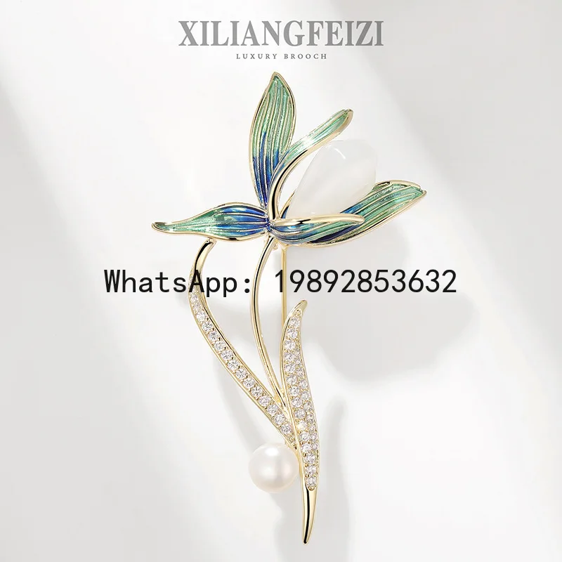 XZ high-grade Magnolia brooch enamel freshwater pearl flower pin elegant