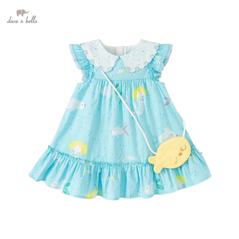 Dave Bella Girls Sleeveless Dresses Blue Mermaid Print Princess Kids Children Summer Sundress With Coin Purse DB2221593