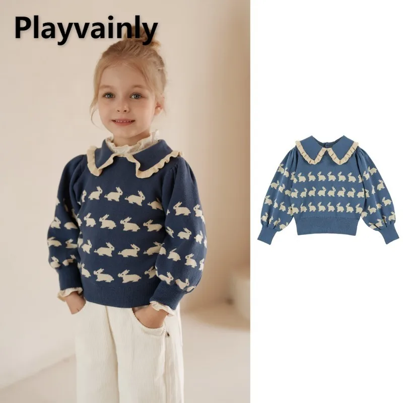 

Girls Fashion Sweaters Blue Peter Pan Collar Puff Sleeve Cute Rabbit Knitted Pullover Soft Warm Tops Autumn Kids Clothes W5112
