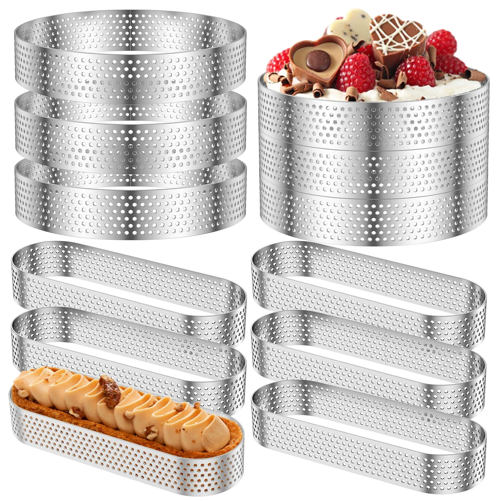

12Pcs Oval Muffin Tart Rings 304 Stainless Steel Porous Tart Ring Perforated Cake Mousse Mold Cookies Cutter Pastry Quiche Mold