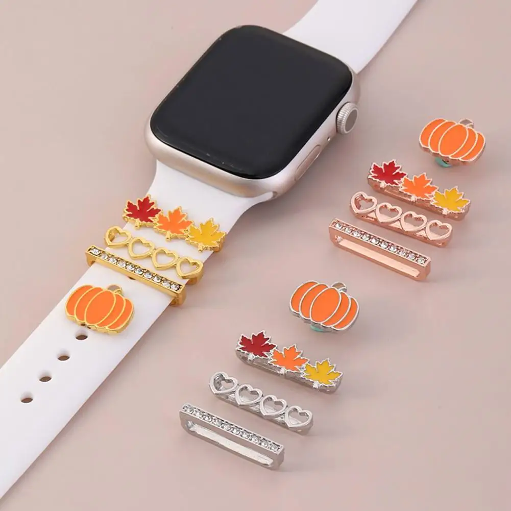 New Halloween Christmas Maple Leaf Set Decorative Ring For Apple Watch Band Ornament Metal Charms Ornament Silicone Strap