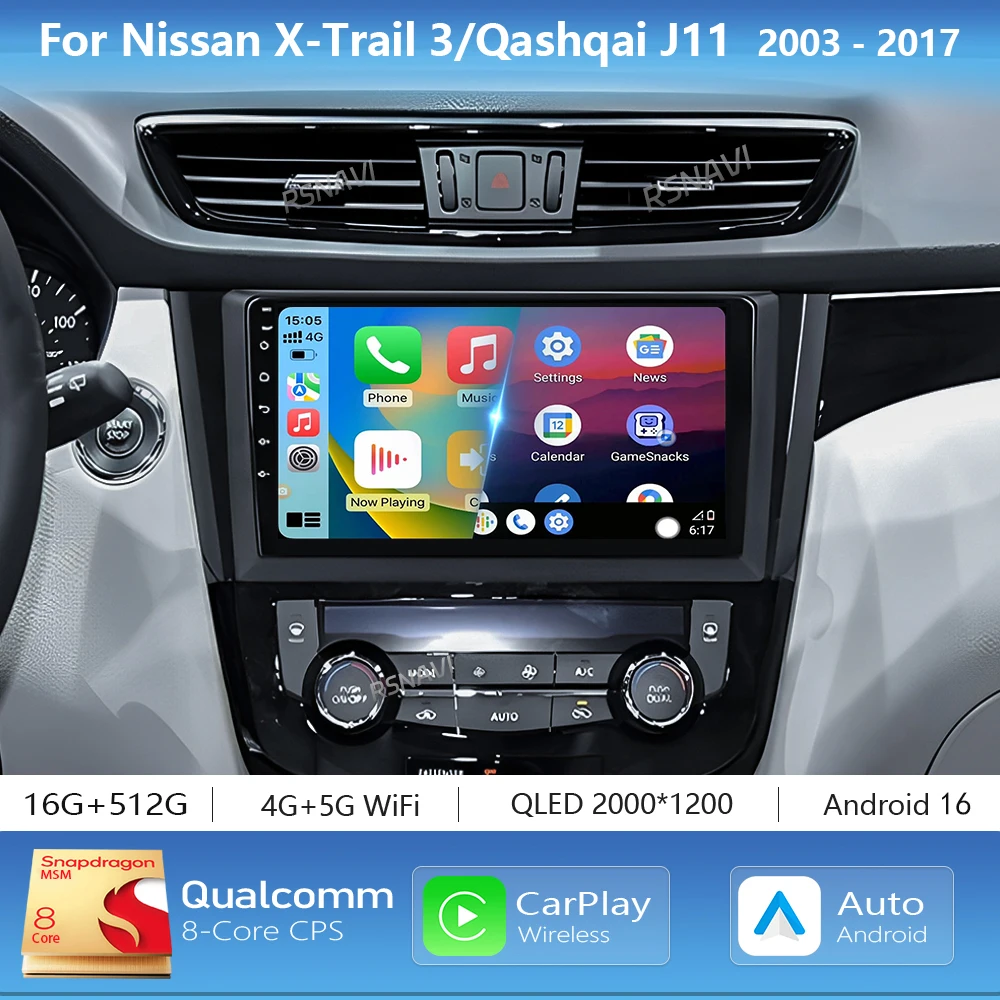 Android 16 Carplay Car Radio Multimedia For Nissan Qashqai J11 X-Trail xtrail T32 Rogue Dualis 2013-2021 Stereo 2din Head Unit