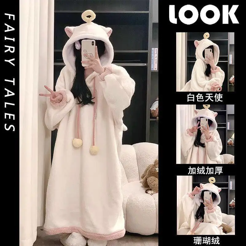 

Милый халат для девочек, осенне-зимняя пижама, утепленная новая ночная рубашка из кораллового флиса, фланелевая теплая одежда для сна, минималистичная домашняя одежда, халат