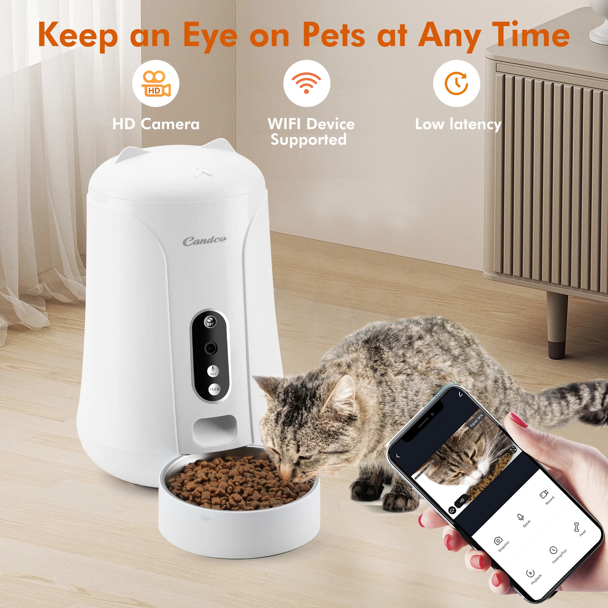 Candco 4L Automatic Cat Feeder with Camera 1080P HD Video APP Control Voice Recorder Auto Pet Feeder Cat Dog Food Dispenser