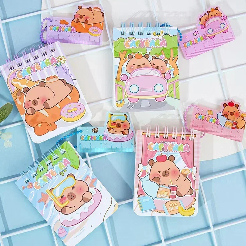 New 4Pcs/Lot Capybara Coil Notebook With Ruler pendant Student Diary Notepad Line Inner Pages School Supplies Birthday gift