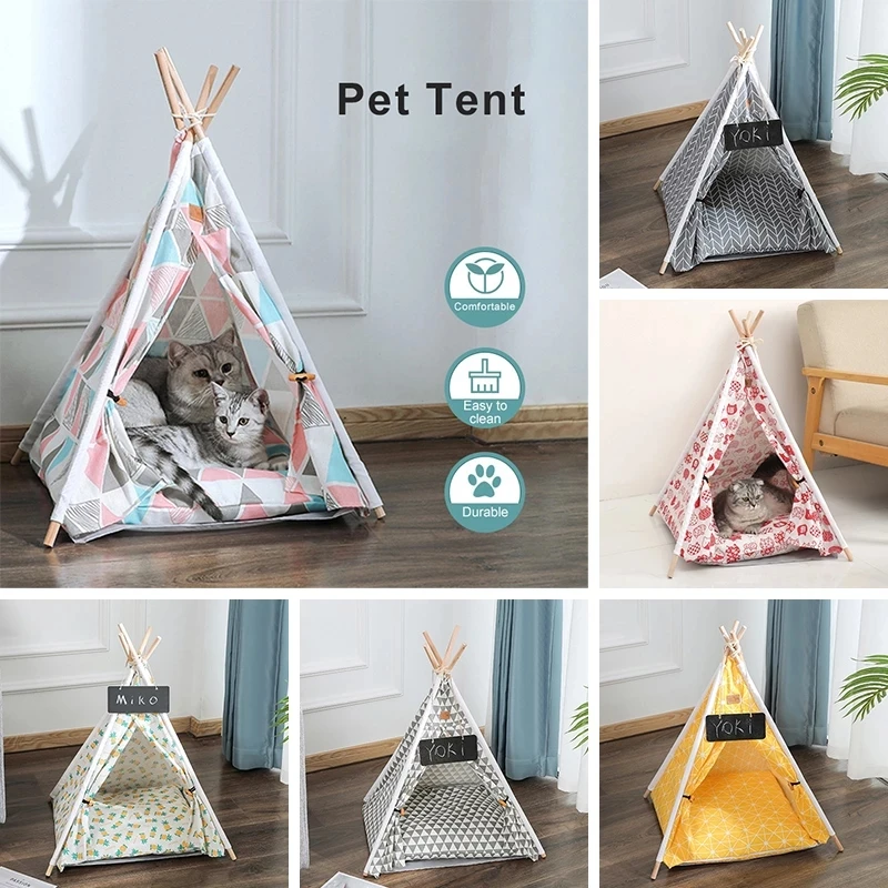 

White Cozy Cotton Dog Tent Foldable Sofa Comfy Cat Bed Home Teepee Canvas Teddy, Portable Sleeping House, Mat Cushion, Pet Kenne