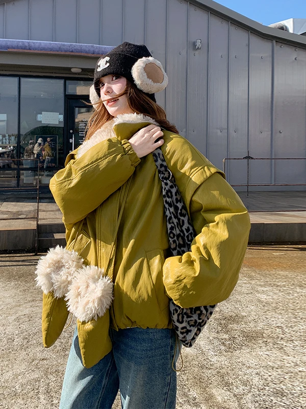 

een Yellow Lamb Fur Collar ort Casual Warm Women's down Jaet Leather Coat Winter 2025 New Design Casual Sle Outerwear