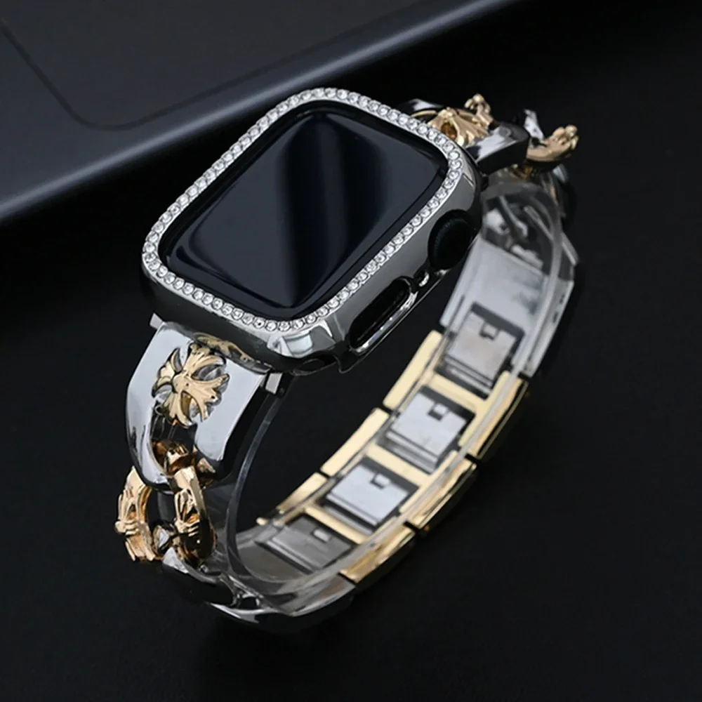 Diamond Case Band for Apple Watch Series 9 41mm 45mm Ultra 2 49mm Women Luxury Slim Bracelet iwatch 8 7 se 4 5 6 38 40mm 42 44mm