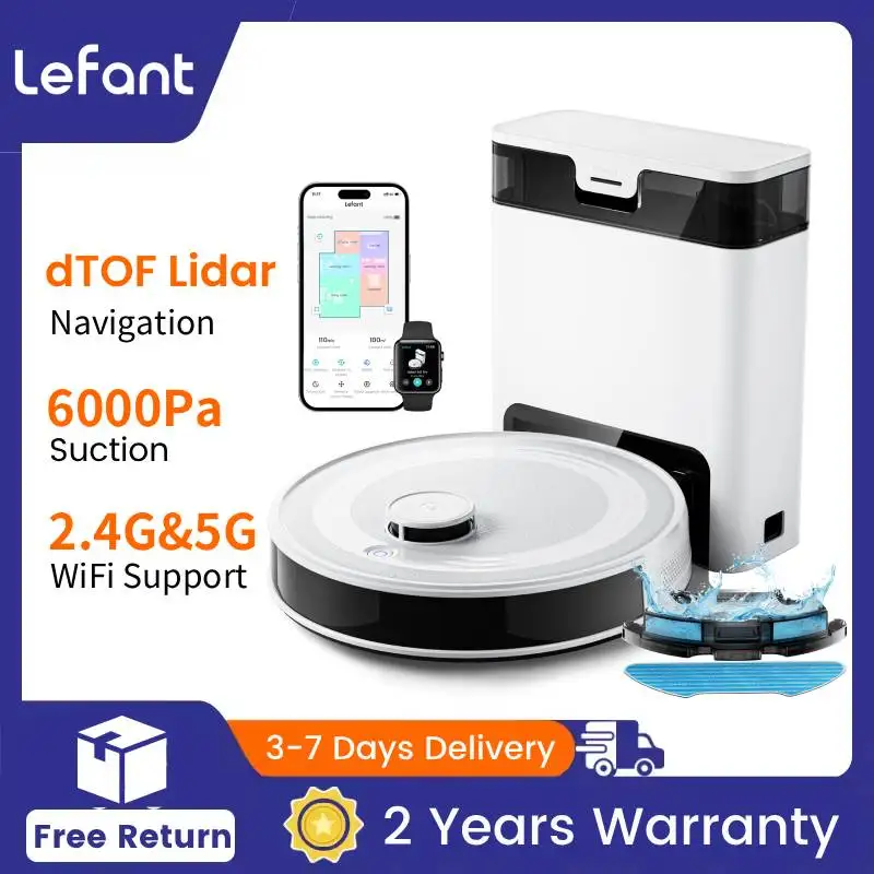 Robot Vacuum Cleaner Lefant M2 Pro dengan Fungsi Mengepel, Pengosongan Otomatis, 6000Pa, Navigasi Laser DTOF, Penghindaran Rintangan PSD, Kontrol Wi-fi/Alexa