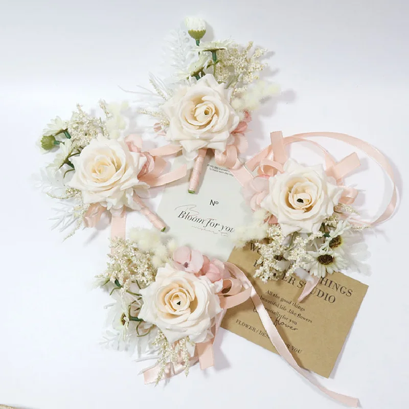 Boutonniere y Corsag de muñeca, arte de flores de boda, celebración de negocios, apertura de invitados, flor de mano, rosas champán, 466