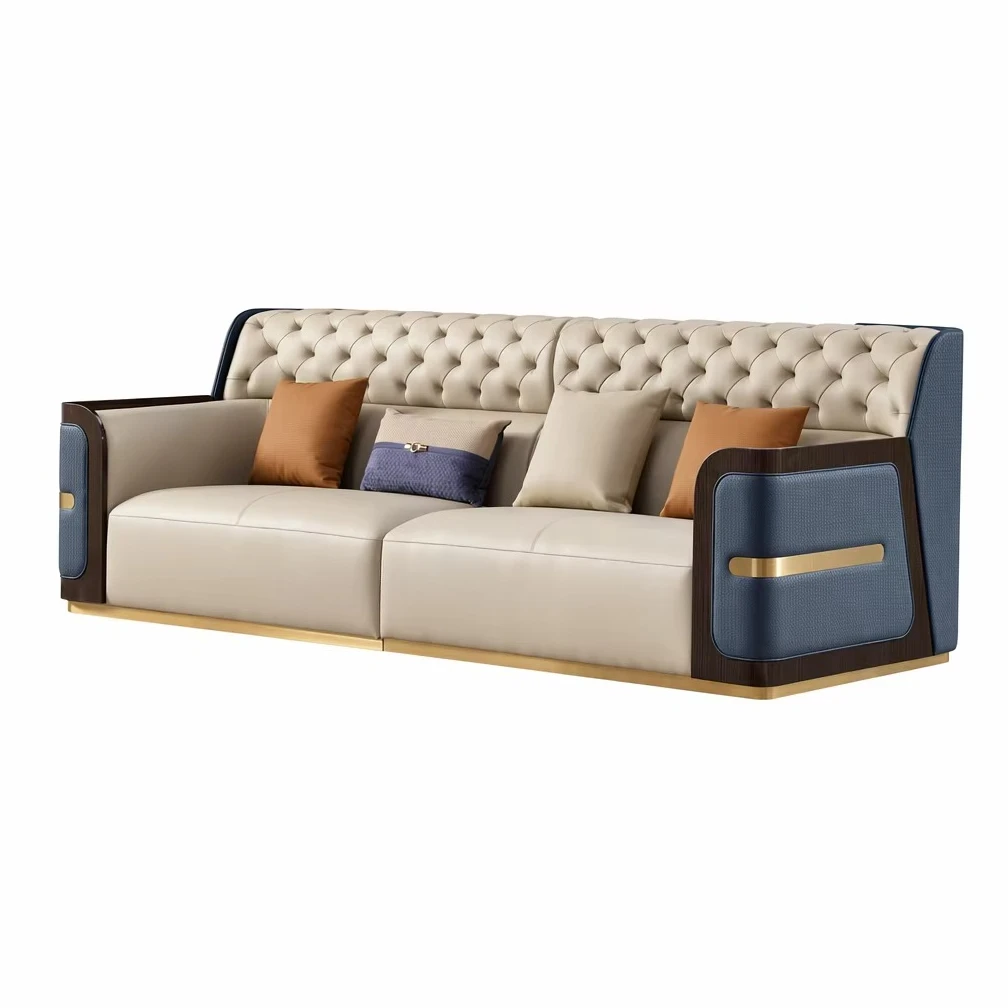 *High Quality European Luxury Italian Design Upholstered Furniture Set 3 Seater White Genuine Leather Living Room Sofas