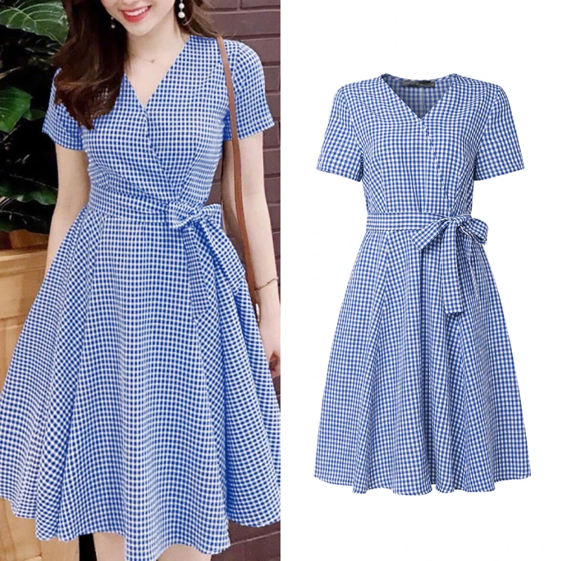 

Летнее повседневное платье ZANZEA в клетку до колен, женское платье А-силуэта с V-образным вырезом, короткими рукавами и завязками на талии, для повседневной носки