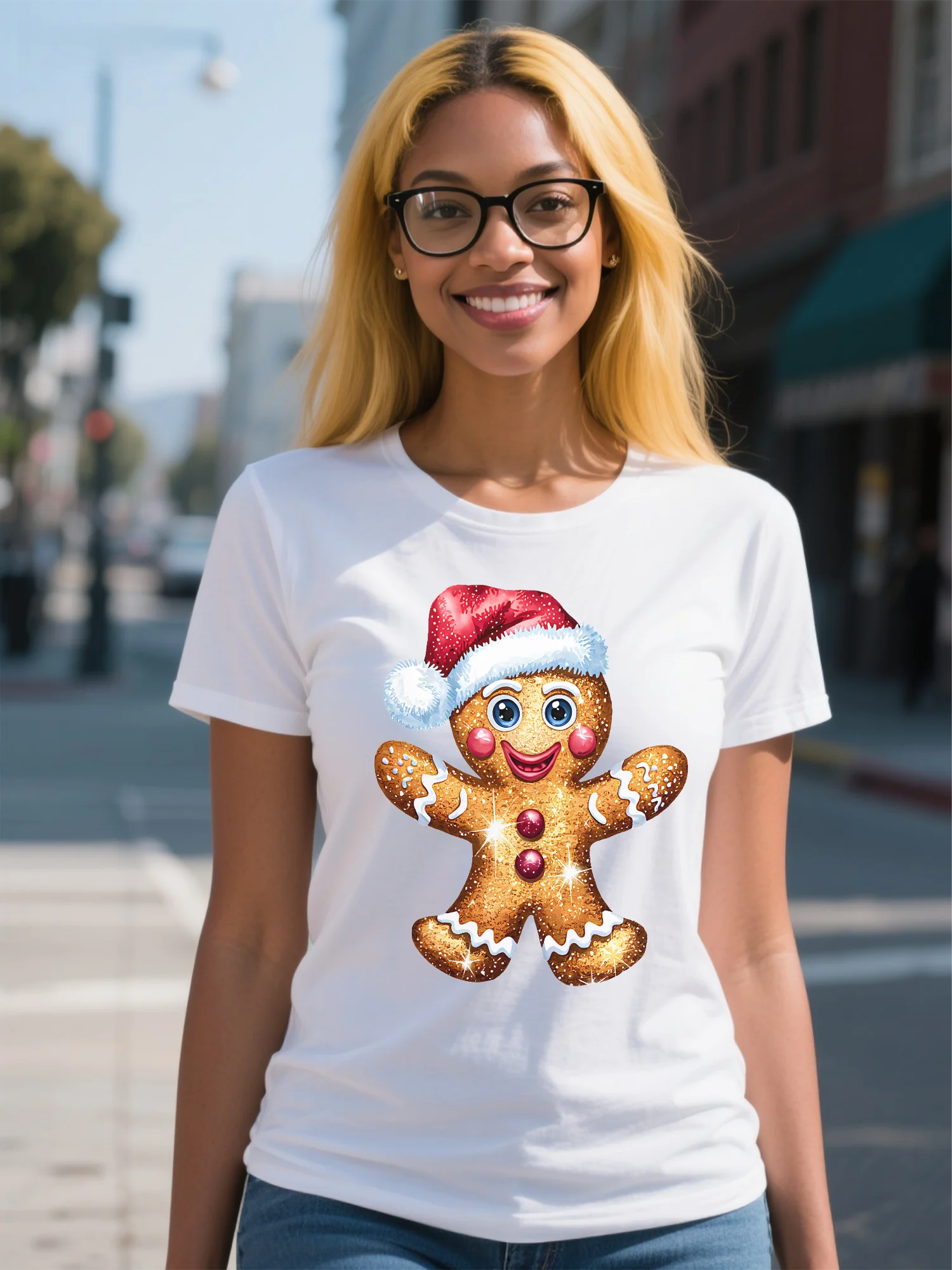 

Women's White Cotton Christmas Printed High Street Fun Reindeer Nose Fitted T-shirt
