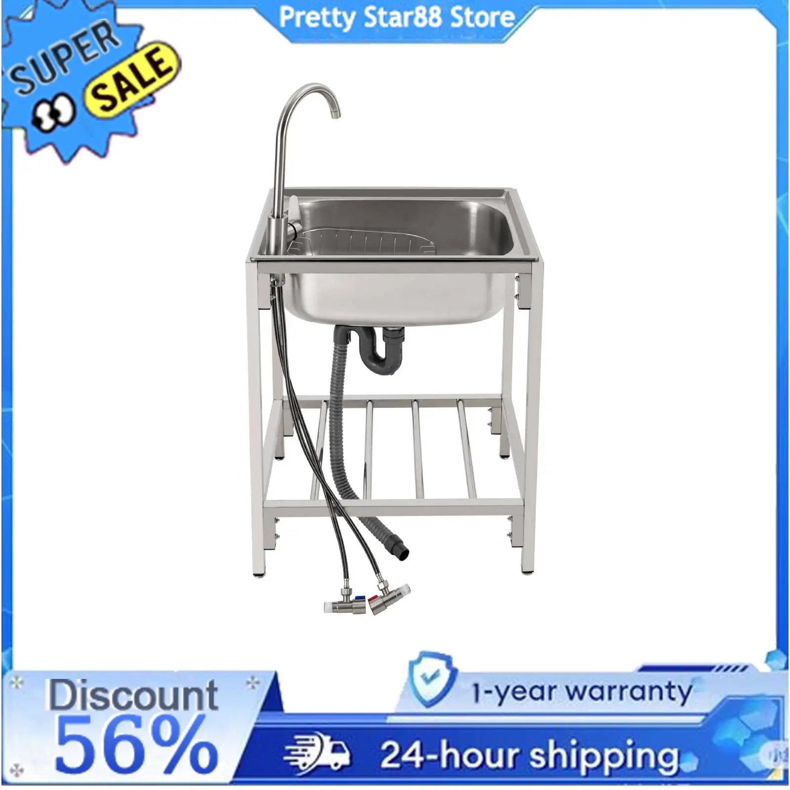 Low Noise Home Sink with Faucet Stainless Steel Single Basin Kitchen Sink with Stand Large Capacity for Laundry/Backyard/Garage