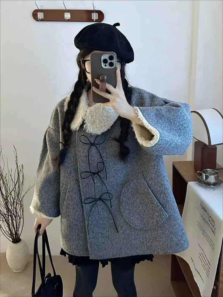 

Sweet Japanese Sle ort Plaid Woolen Coat Women's Winter New Loose Warm Woolen Jaet Korean Sle Commute Polyester Fiber