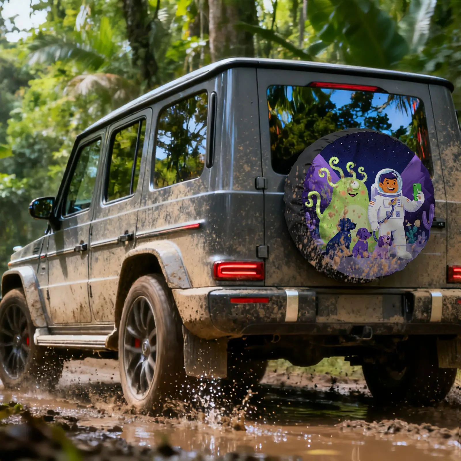 Tire Cover With A Fun Space Adventure Print Featuring An Astronaut And An Alien Dog Pattern, Made Of Polyester Fiber For Tire Pr