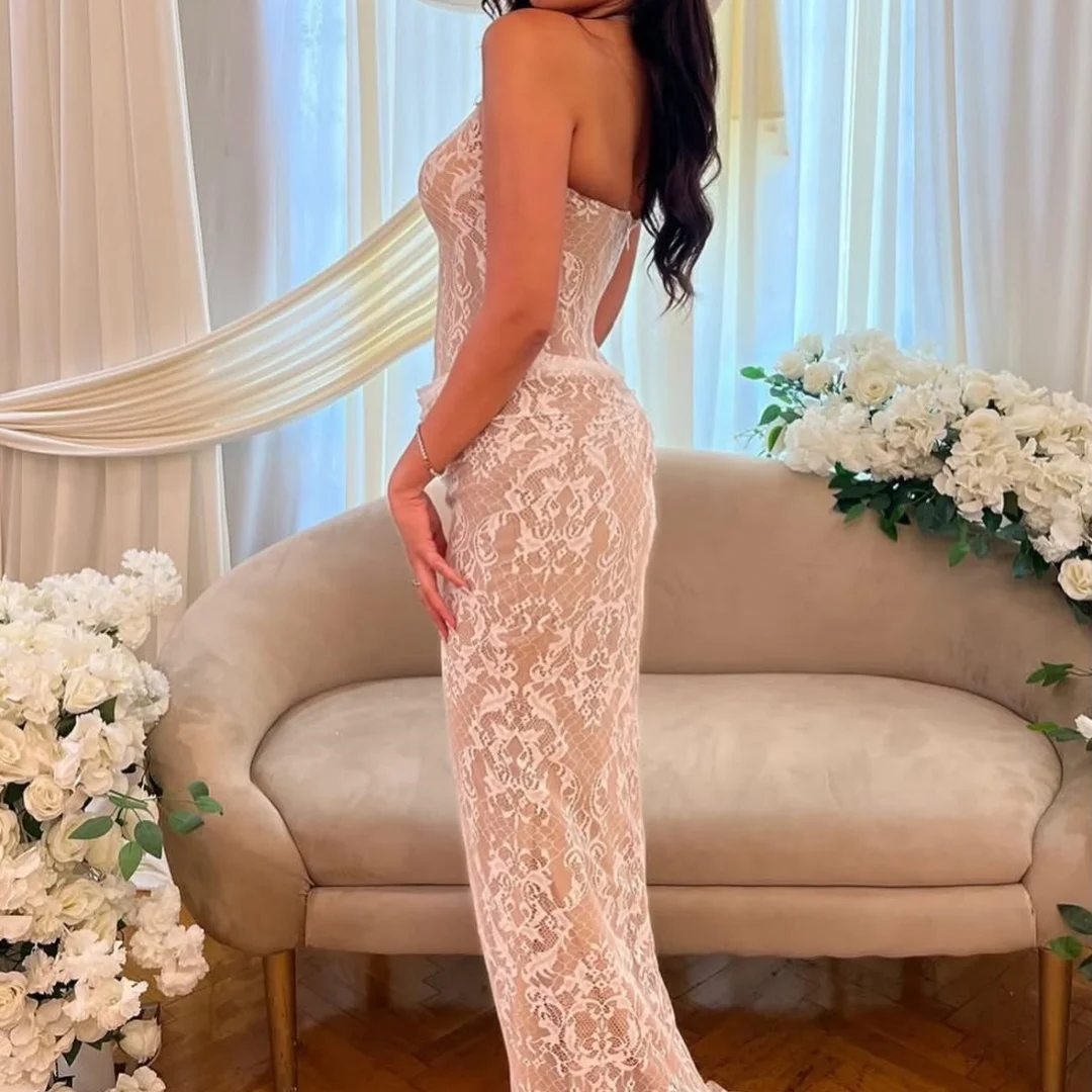 Lorinda Customized Halter V Neck Sheer Lace Ruched Mermaid Wedding Dress Ivory Slim Fitted Elegant Reception Bridal Gown 2025