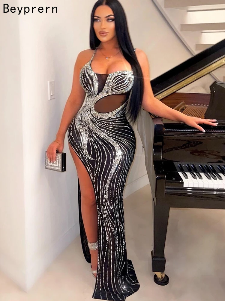 Beyprern splendido abito di cristallo per donna Glam senza maniche con spacco alto con strass Maxi abito abiti da compleanno Sexy Clubwear