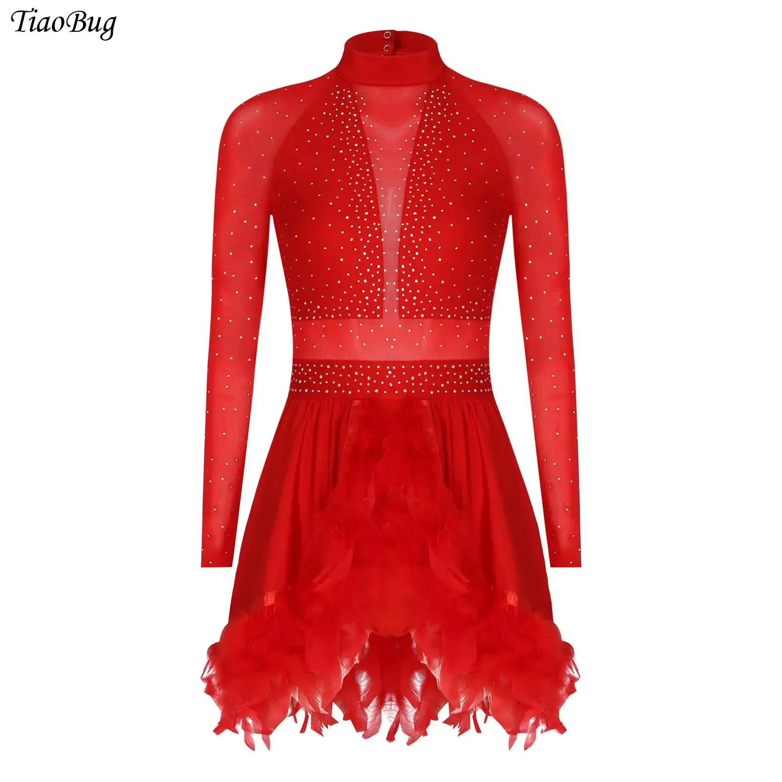 

Women Figure Ice Skating Dress Latin Jazz Dancewear Rhinestone Long Sleeve Back Cut Built-In Crotch Briefs Feathered Hem Dress