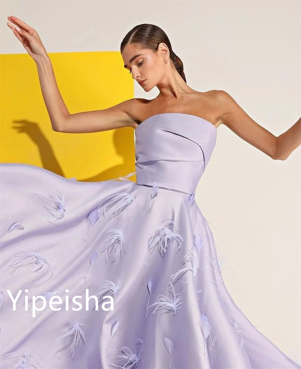 Yipeisha Sparkle High Quality	 Strapless Ball gown Evening Party Feathers Fold  Draped Satin Quinceanera Dresses