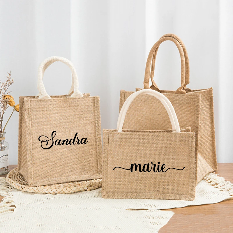 Manico bianco nome personalizzato borsa in juta borsa in tela borsa personalizzata da sposa addio al nubilato regalo Goodie borse ragazze viaggio madre